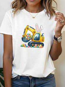 [Festival Special] Women's Spring/Summer Short Sleeve T-Shirt With Easter-Themed Excavator Print, Round Neck, Casual Gift For Shopping And Holidays, Outfit For Friends Gatherings And Vacations. Women's Warm Clothing - 白色 - 查看 7