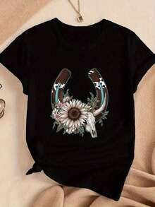 Camiseta Clásica para Mujer 100% Algodón con Estampado de Herradura y Caballos Vaqueras - Estilo Boho Minimalista, Cuello Redondo Transpirable, Manga Corta, Ropa Casual Esencial Primavera/Verano, Lavable a Máquina, Tonos Marrón/Beige Ideal Para Looks Temáticos del Oeste, Cómoda Versátil Con Elegancia Natural, Perfecta Como Capa o Por Sí Misma, Enviada Desde Bodega Local Blusas Bonito 100% Cotton - Negro - Ver 1