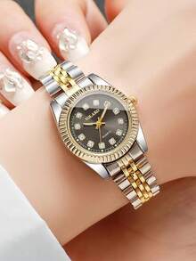 2 piezas/Set Juego de relojes para pareja en negro & dorado, incluye 1 pieza reloj de cuarzo dorado de esfera grande para hombre y 1 pieza reloj de cuarzo dorado de esfera pequeña para mujer. Diseño clásico bicolor con bisel estriado y esfera adornada con brillantes de strass. - Multicolor - Ver 3