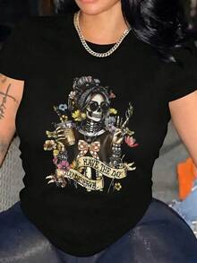 Playera Mujer "Catrina con Café y Flores" - Diseño Día de Muertos con Frase Positiva - Negro - Ver 3