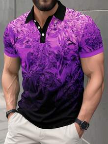 Men's Gradient Botanical Print Short Sleeve Casual Commuter Polo Shirt - Multicolor - View 1