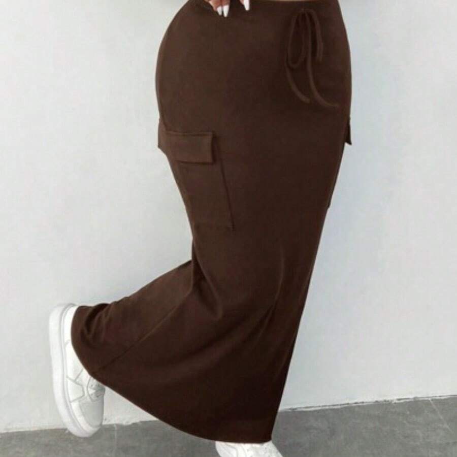 Plus Size Women's Casual High Waist Belted White Cargo Midi Skirt - Café integral - Ver 1