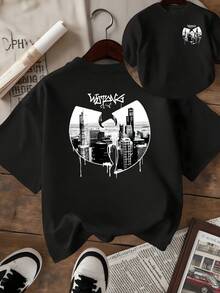 Silueta de murciélago que envuelve un paisaje urbano con rascacielos modernos simbolizando la fuerza interior y la conexión entre arte y ciudad camiseta de mujer de doble cara con impresión creativa casual - Negro - Ver 8