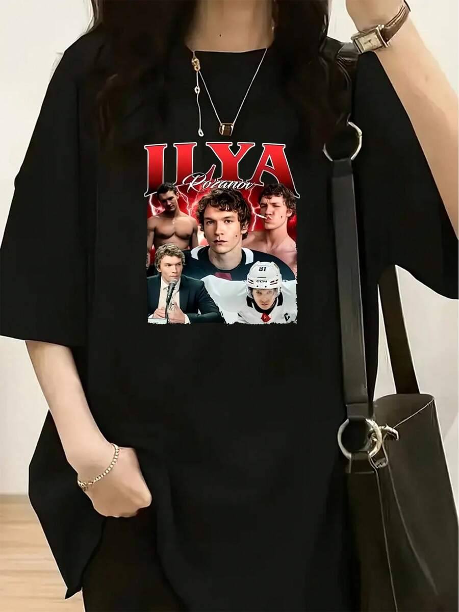 Women's Clothing: A Loose-Fitting T-Shirt With The Character's Name Printed On It, Featuring A Patchwork Pattern With Multiple Images Of The Character (Including Hockey Uniform Designs, Suits, Etc.). Men's T-Shirts, Women's Oversized T-Shirts, Y2K Women's Shirt, Casual Blouse, Elegant Blouse, - 黑色 - 查看 1