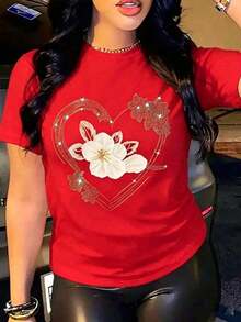 Suave Playera Negra de Mujer con Gráfico de Flores Blancas Elegantes y Corazón Brillante, Camiseta Aesthetic con Diseño de Destellos de Estrellas, Top Glamuroso de Fiesta, Blusa Casual de Moda Sofisticada, blusas para mujer elegante - Rojo - Ver 6