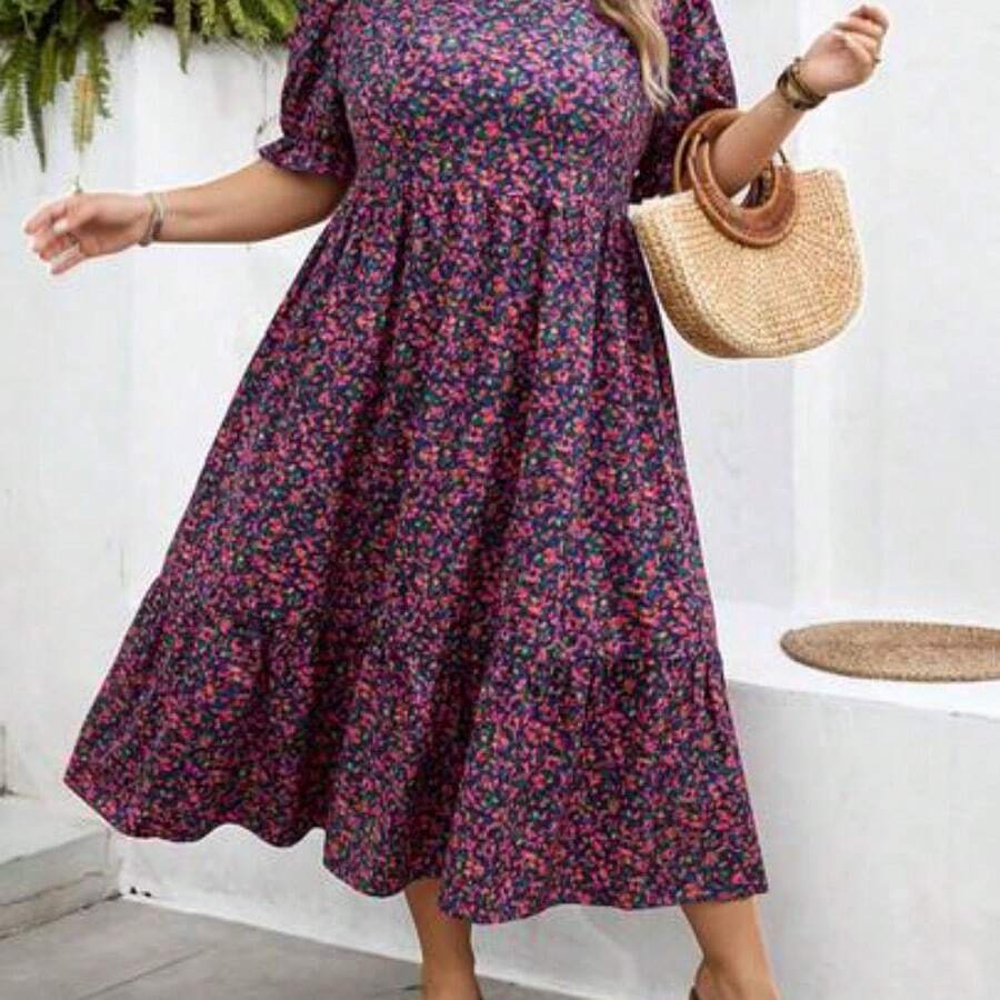 CURVE+ Curve Size US22Music Festival, Seaside Vacation, Bohemia Women's Ditsy Floral Round Neck Short Puff Sleeve Casual Dress, Ladies Summer Sundress - Morado - Ver 1