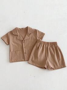 2件組男童休閒口袋短袖襯衫與短褲套裝，夏季 - 棕色 - 查看 10