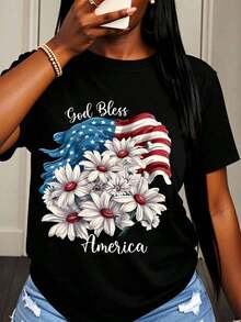 Women's Patriotic T-Shirt With "God Bless America" Flag And Daisies, American Flag Design, For Independence Day Celebration, 4th Of July, Casual Style - 黑色 - 查看 1