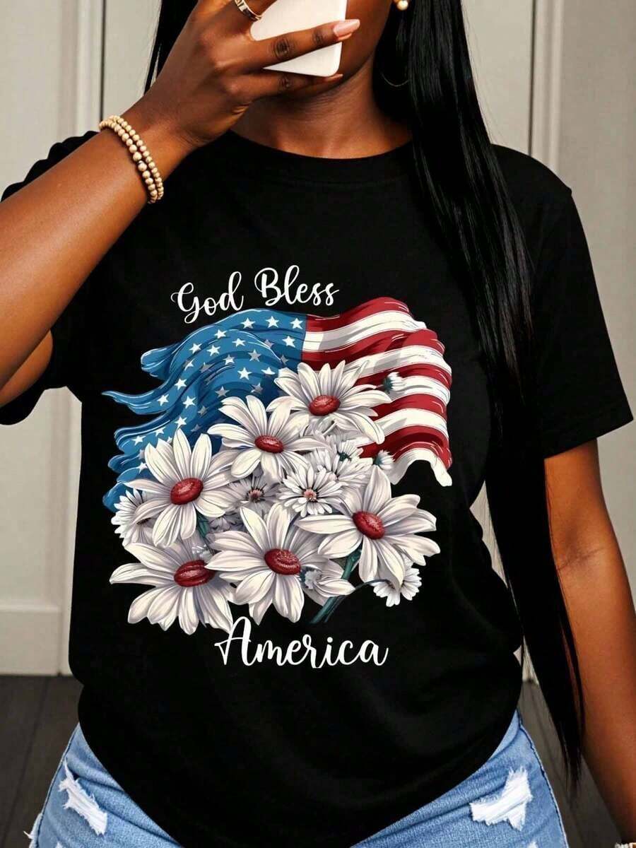Women's Patriotic T-Shirt With "God Bless America" Flag And Daisies, American Flag Design, For Independence Day Celebration, 4th Of July, Casual Style - 黑色 - 查看 1
