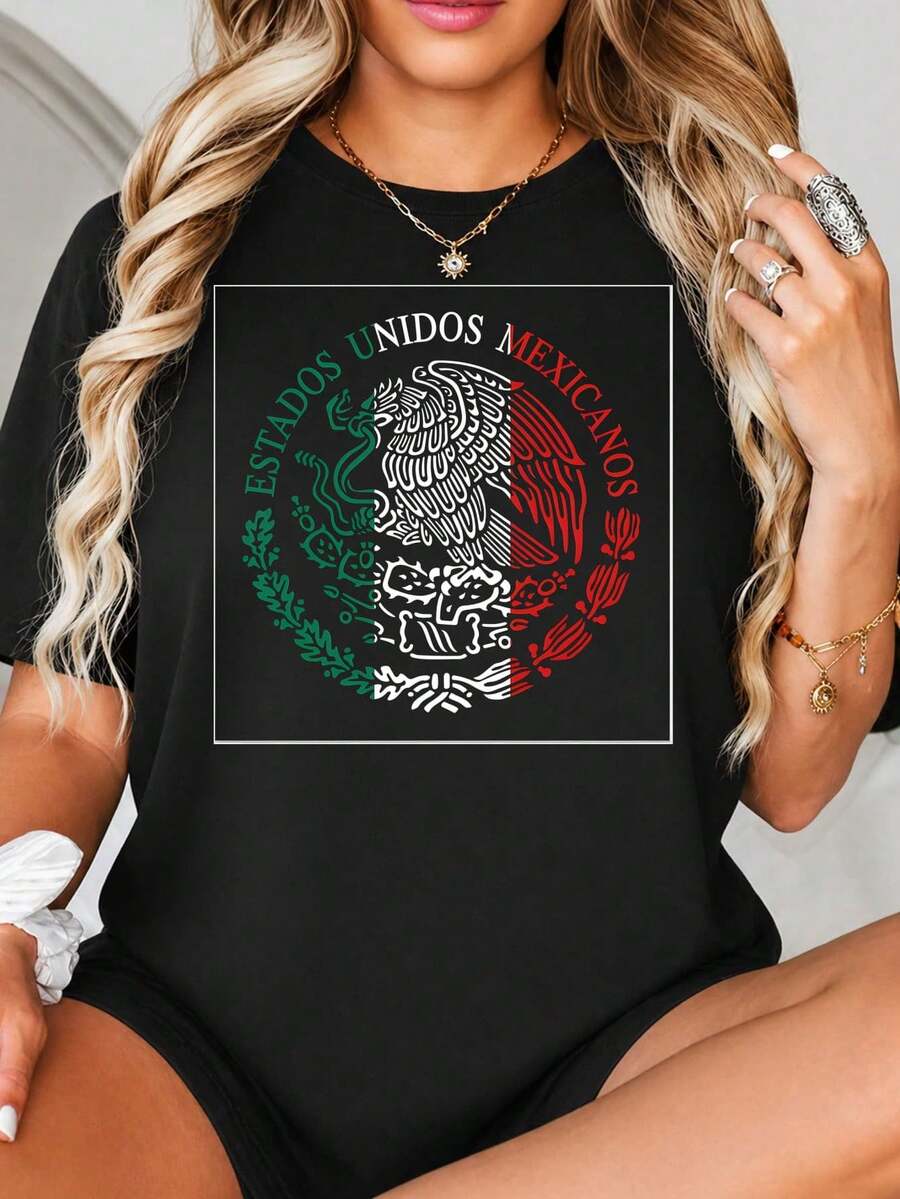 Mexican National Emblem Graphic Print, Eagle and Snake on Cactus with Text Estados Unidos Mexicanos, Green and Red Design, Line Art Style, Patriotic D.jpgRegalos personalizados: Camisetas para mujer con estilos modernos, hippies, casuales y minimalistas. Ropa masculina personalizada única, armarios cápsula, ropa básica/urbana para hombre. Regalos ideales para novios, familiares y amigos, adecuados para cumpleaños, vacaciones, colegio/competiciones, deportes/escalada, etc., también adecuados para la moda de otoño y actividades urbanas. Verano negro.