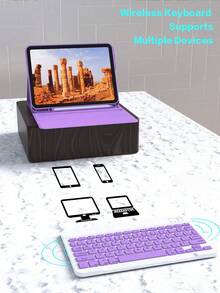 纯色防震翻盖保护套，带可拆卸无线蓝牙键盘，配备 Apple Pencil 收纳槽，兼容 iPad Air 第五代 (2022)、第四代 (2020)、第六代 (2024)、9.7 英寸、第七/八/九代、10.2 英寸、10 英寸，薰衣草粉嫩春日礼物 - 紫丁香色 - 查看 5
