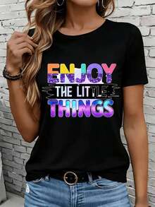 Disfruta de las Pequeñas Cosas - Camiseta de Mujer con Estampado de Purpurina Arcoíris, Top Casual de Moda para Uso Diario, Ocio, Aire Libre, Vacaciones, Fiestas, Regalo. Camiseta de Manga Corta para Mujer, Ocio, Aire Libre, Hogar, 220g. - Negro - Ver 7