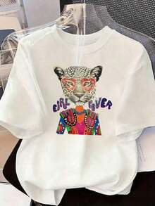 Gato urbano con estampado de personaje animado, tela suave, diseño holgado, cuello redondo, manga corta, primavera‑verano, uso diario, playera,Letra con estampado floral y color rosa - WH-P631557LNDXZGY047 - Ver 4