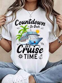 Summer TopsWomen Cruise Vacation Countdown Is Over Its Cruise Time Ship Palm Tree Sun Design Pure Cotton Women Casual Round Neck T Shirt Soft Comfortable Stretch Fabric Suitable For Travel Holiday Daily Wear Four Seasons Wear Festival Wear Casual StyleLoose And ComfortableSummer Clothes Summer Tops - 白色 - 查看 1
