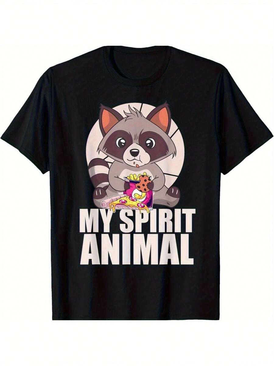 Camiseta unisex 1 piezaHombresCómodoCamisetaCon características destacadasaDiversiónMapacheImprimirInformalManga cortaCuello RedondoVeranoCamiseta - Negro - Ver 1