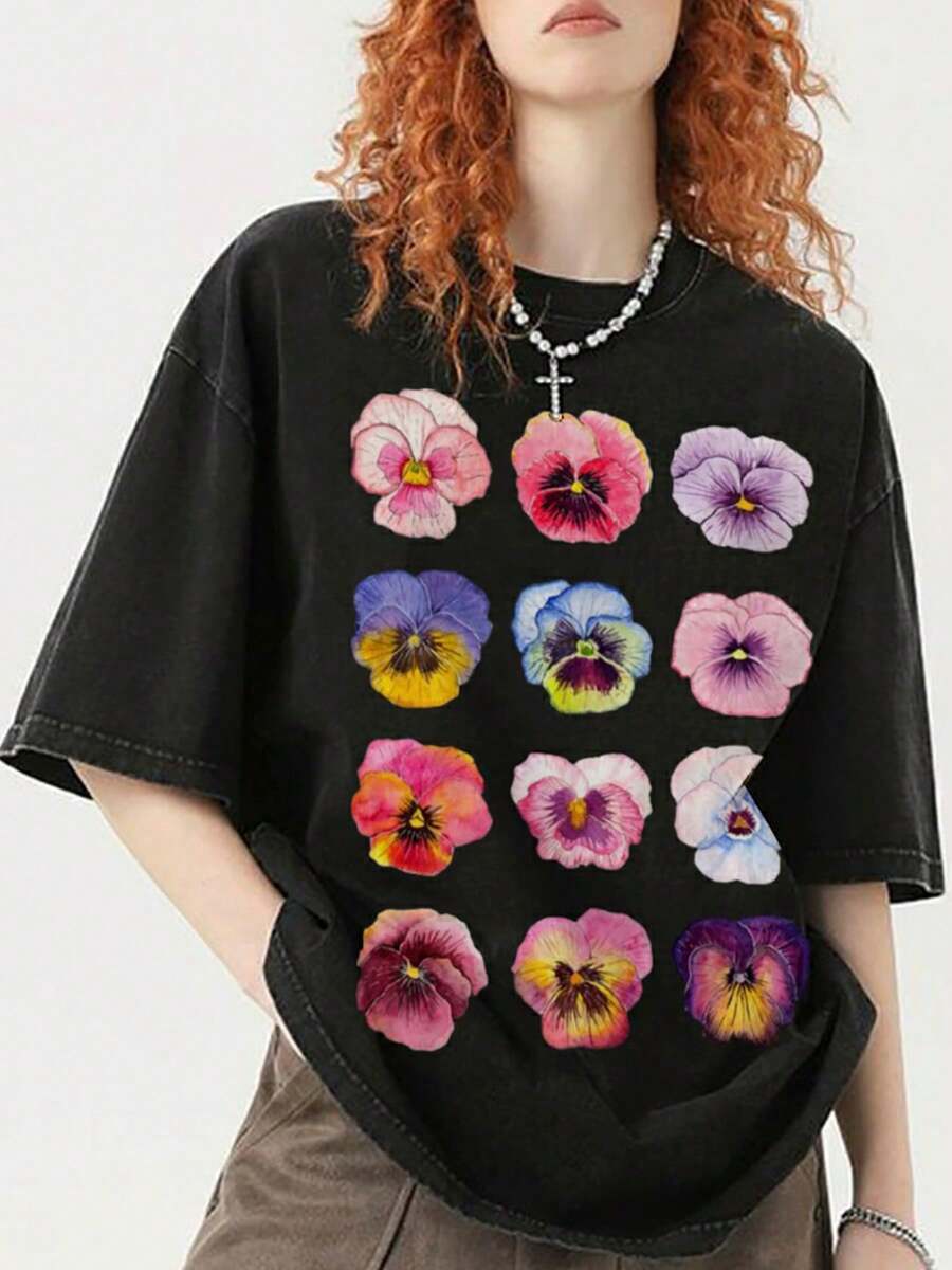Una camiseta de manga corta para mujer, moderna, a la moda, retro, holgada, suave y cómoda, adecuada para actividades al aire libre en primavera y verano, camiseta lavada con estampado floral, camiseta de marca de moda retro de alta calidad, camiseta para mujer, popular para uso diario, regalo para vacaciones, el obsequio perfecto.blusas para mujer,blusas casuales para dama,tops,, mujer premium,y2k,playeras de mujer curvy,ofertas y liquidaciones ropa mujer,playeras deportivas para mujer,,playeras de hombre, mujer,blusas>elegante WVUA - Negro - Ver 1
