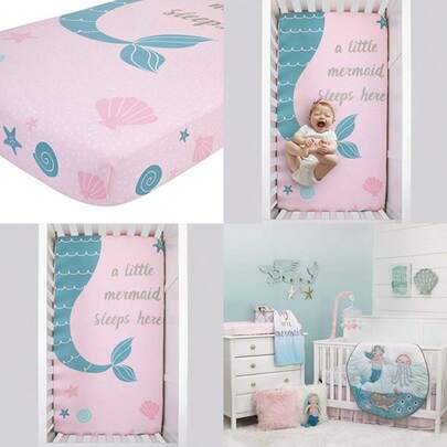 NoJo Sugar Reef Mermaid Photo Op - Sábana bajera ajustable para cuna, 100% algodón, diseño, color azul y rosa