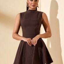 1pc Women's Solid Brown Sleeveless Simple Elegant Flare Dress, Princess Style Round Neck Casual Slip Dress, Suitable For Office, Business, Commuting, Autumn/Winter,Country - Burdeos - Ver 4