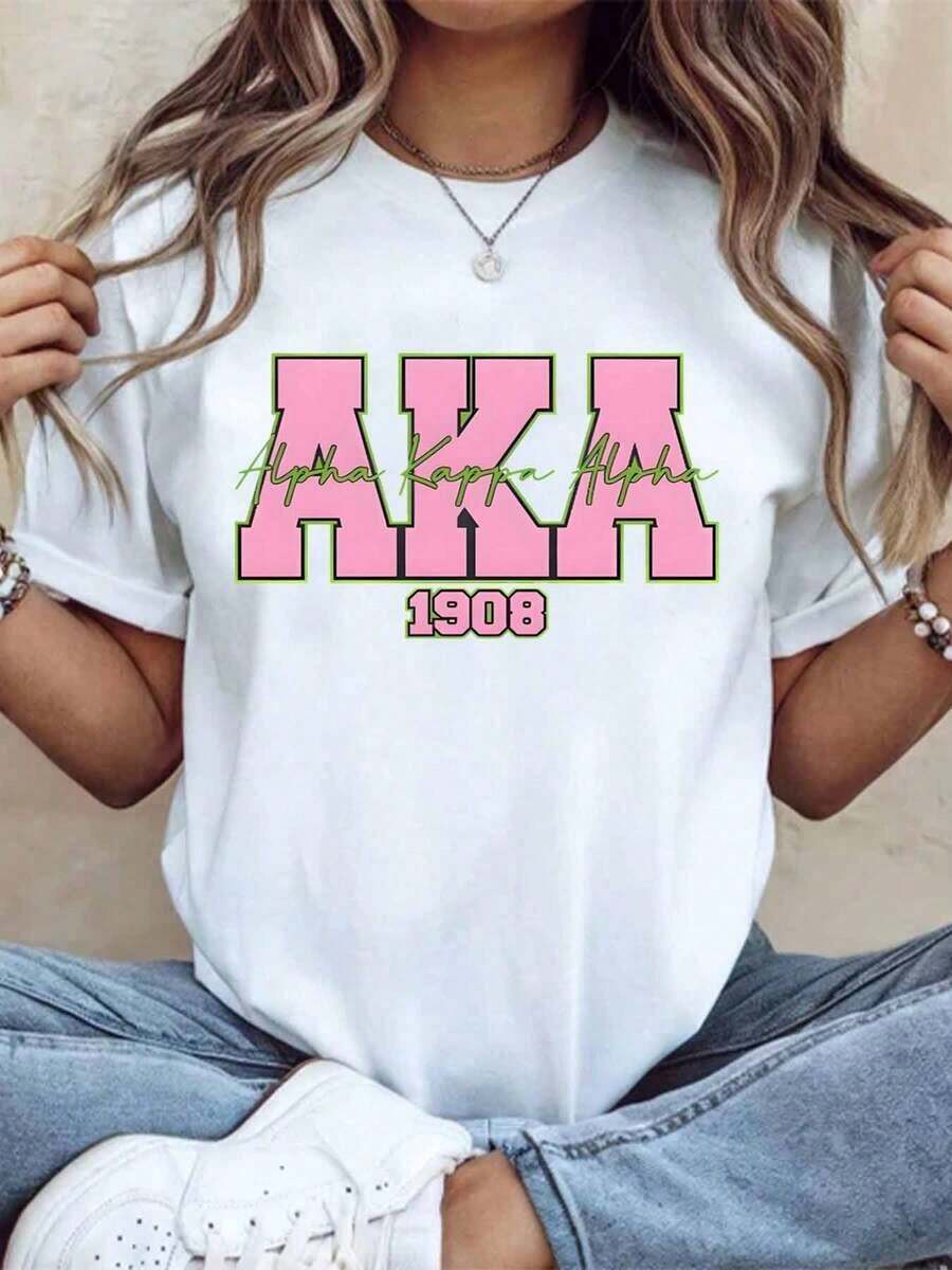 Alpha Alpha Aka 1908 Women's T-Shirt, Pink And Green Sorority T-Shirt For Women For Greek University Life Events And Celebrations, 220G - 白色 - 查看 1