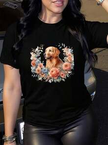 Camiseta de manga corta de algodón puro de 180g para mujeres con diseño de flor de Golden Retriever, cuello redondo, casual, lavable en máquina para todas las estaciones, regalo para mamá, material cómodo, camisa de impresión para uso diario, camisa de look moderno - Negro - Ver 5