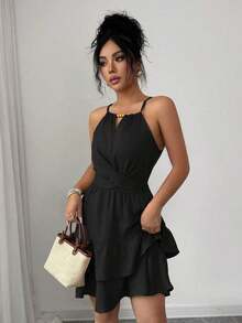 Vestido mini ajustado y acampanado sin mangas, elegante, de color caqui, con lazo de cuentas para mujer, para primavera/verano - Negro - Ver 4