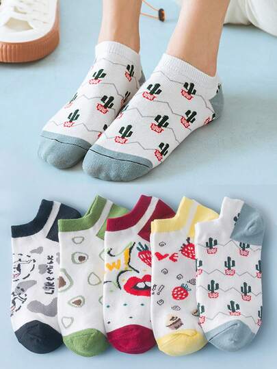 5 Pairs Women's Short Socks, Casual Japanese Style Student Socks, Men's Low Vamp Casual Socks For Spring & Autumn, Cartoon Ins Women's Socks, Cute Street Style Short Socks