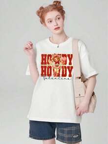 Camiseta de manga corta con estampado de la letra Cupido para el Día de San Valentín, estilo casual y a la moda, versión combinada, cuello redondo, para adultos, hombres, mujeres, adolescentes y jóvenes. - Blanco - Ver 6