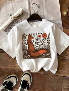 Women's 100% Cotton T-Shirts 2026 Women's Casual Polyester T-Shirt With Geometric Fox Print, Short Sleeve, Round Neck, For All Seasons, 100% Polyester Knit Fabric, 180Gsm - Summer And Spring Fashion Korean Style - White - View 6