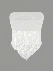 Top bandeau ajustado con bajo asimétrico de tela de encaje sexy y casual, color marrón - Blanco - Ver 2