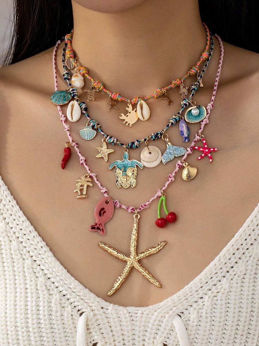 1件手工波西米亚海洋元素水果吊坠项链,彩色波西米亚风格绳编项链,搭配海星樱桃吊坠,多层项链套装,适合度假和日常佩戴 - 彩色 - 查看 1