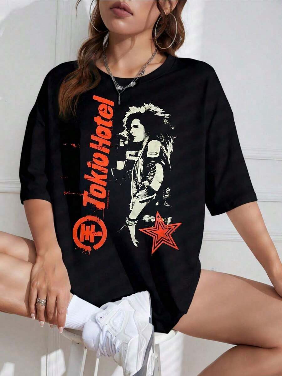 Camiseta Unisex con Estampado de Banda Retro, Cuello Redondo, Manga Corta, Diseño Casual, Ideal para Fans de la Música - Blanco - Ver 1