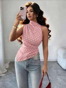 Camiseta de tirantes ajustada con dobladillo asimétrico y lunares rojos para mujer - Rosa - Ver 7