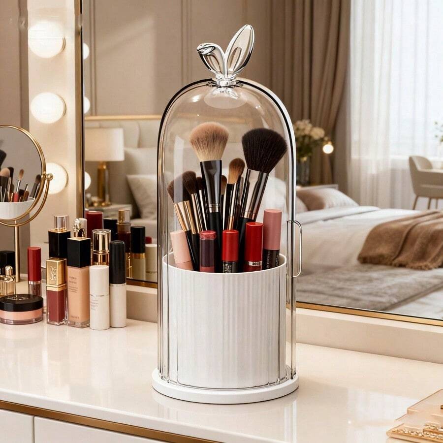 A Dust-Proof, Water-Proof, Mosquito-Proof Cosmetic Storage Box With 360° Rotation Function, Suitable For Storing Cosmetics, Makeup Accessories, Bathroom Storage, And Cosmetic Racks. It Has A Transparent Cover And Internal Partitioned Compartments. Perfect For Storing Makeup Brushes, Lipsticks And Skincare Products. A Rotatable Cosmetic Brush Holder With A Transparent Cover. A Desktop Makeup Brush Display Stand. A Cosmetic Storage Box.