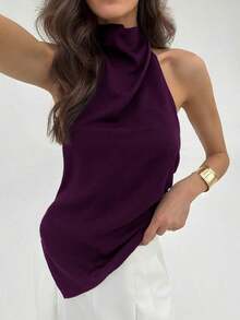 Blusa de mujer de unicolor con cuello halter, pliegues y bajo asimétrico - Morado - Ver 6