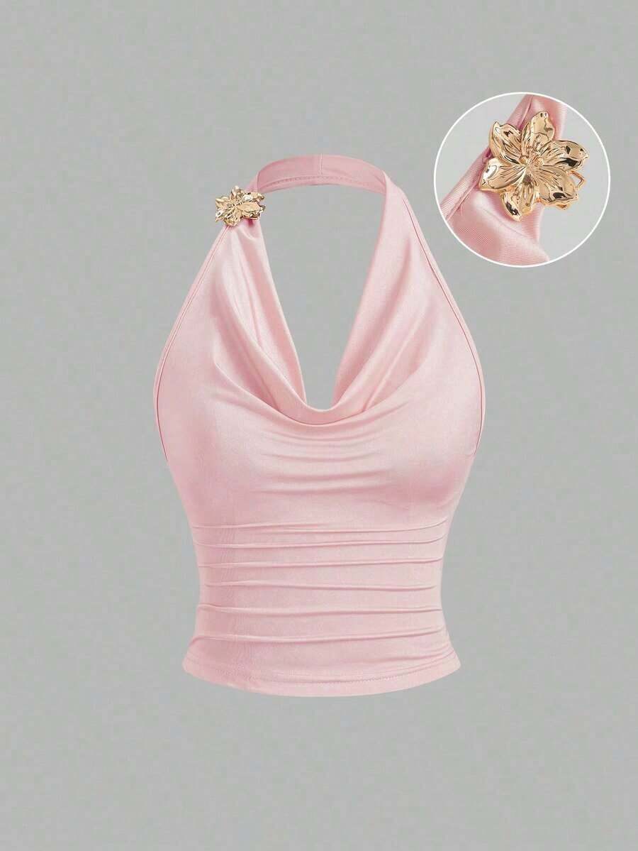 Sweetro Top sin mangas con cuello de volantes y diseño de cintura ceñida, moda de verano para mujeres con inspiración vintage - Rosa 2 - Ver 1