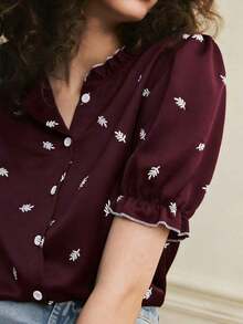 Camisa azul de mujer con cuello con volantes, mangas de pétalos y textura de tela suave, estilo francés casual de vacaciones, primavera/verano - Burdeos 2 - Ver 3