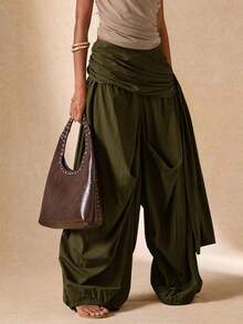 Pantalones sueltos y plisados de unicolor para uso diario de mujer - Verde militar - Ver 1