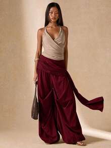 Pantalones sueltos y plisados de unicolor para uso diario de mujer - Burdeos - Ver 6