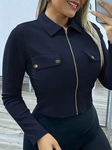 Blusa de manga larga con cuello, ajustada y con cremallera, con decoración metálica, de estilo sexy para mujeres - Azul marino - Ver 3