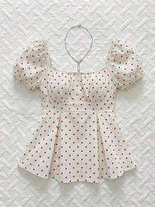 Sweetro Blusa de mujer con cuello en V, manga de pétalos y lunares blancos, estilo francés para primavera/verano - Albaricoque - Ver 9