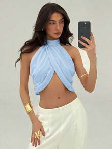 Blusa elegante y sexy para mujer con cuello cruzado, fruncido en la espalda y botones, de estilo casual y de vacaciones, de gasa - Celeste - Ver 6
