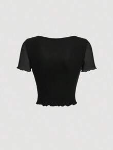 Camiseta verde vintage con dobladillo de lechuga y lazo delantero - Negro - Ver 2