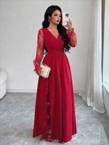 Vestido elegante de mujer con cuello en V profundo, parche de encaje, manga larga y abertura alta, adecuado para graduación, vacaciones, Día de San Valentín, festivales de música, Día de la Madre, Acción de Gracias, Pascua, Día Nacional, bailes, citas, fiestas, bodas, actividades al aire libre, primavera/verano - Rojo - Ver 5