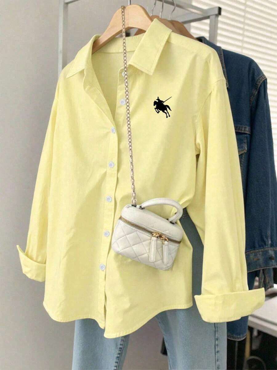 Camisa casual de manga larga, de corte holgado y de un solo abotonado con estampado de caballero para mujer - Amarillo - Ver 1