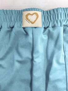 Conjunto de 2 piezas de top de manga corta de cuello redondo minimalista de unicolor y pantalones rectos de cintura alta para mujer, primavera/verano - Azul cielo 55 - Ver 5