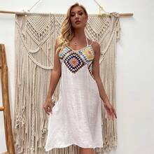 Hand-Crocheted Hollow-Out Design, Unique Patchwork, Strapless, Irregular Beach Cover-Up, Sexy Slimming Dress For Women - White - View 6