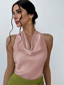 1 pieza Blusa de mujer con cuello de lazo en color albaricoque, minimalista y elegante, top sin mangas - Rosa - Ver 7