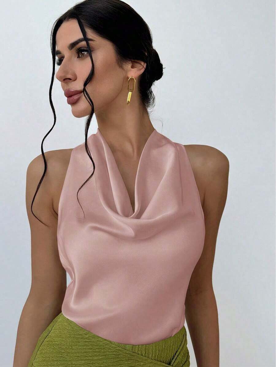 Blusa elegante minimalista con cuello drapeado y lazo delantero para mujeres, color albaricoque - Rosa - Ver 1