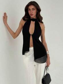 Top con cuello halter y espalda descubierta, asimétrico y sexy para mujer - Negro - Ver 6
