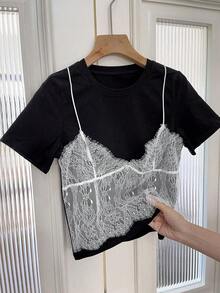 Camiseta casual de mujer de manga corta con cuello redondo de encaje en contraste para el verano - Negro - Ver 8